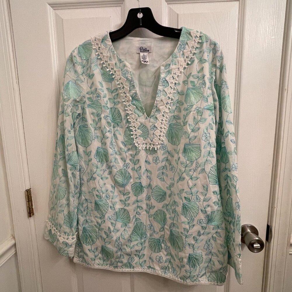 Lilly Pulitzer Blue & Green Seashell Embroidered Bell Sleeve Lined Tunic Size S